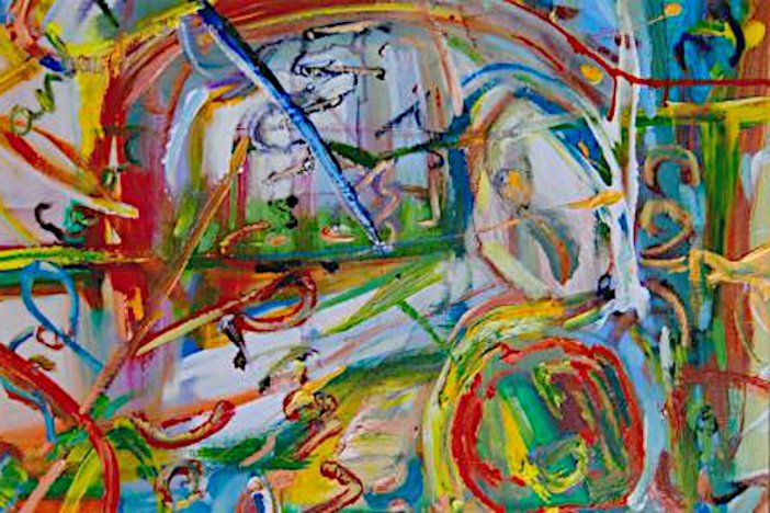 Abstract painting with bright colors: red, blue, green, and yellow brushstrokes.