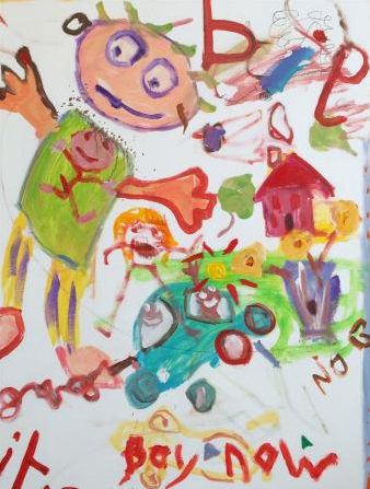 Colorful childlike drawing of a smiling person with a green shirt, house, car, and “buy now” text.