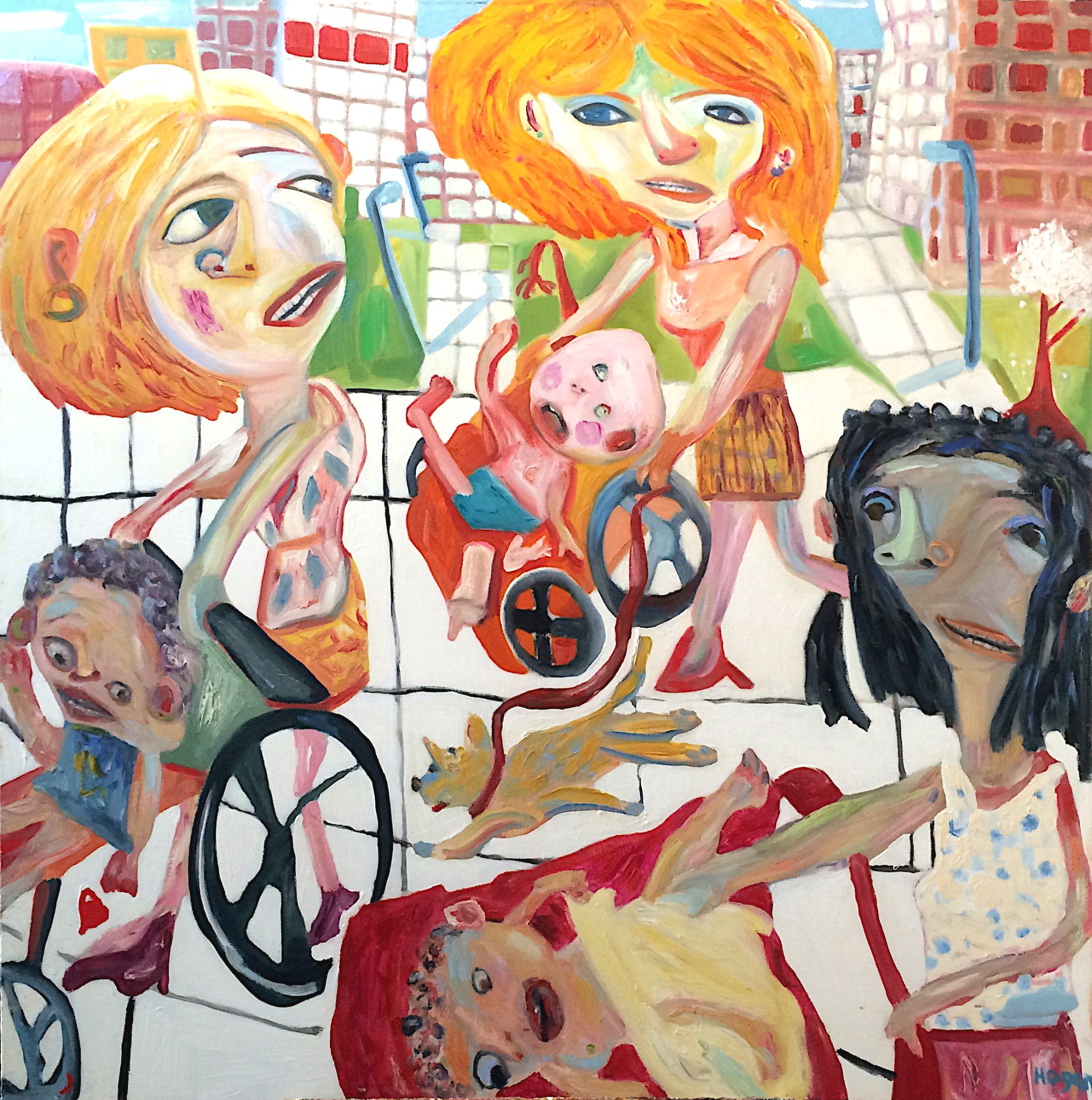 People with a dog, a baby, and wheelchairs on a city walkway. Cartoonish figures with red, yellow, and green hues.