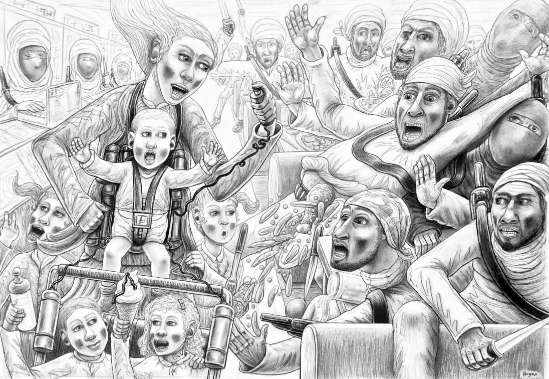 Black-and-white sketch of crowded faces and figures in expressive poses, like a lively mural