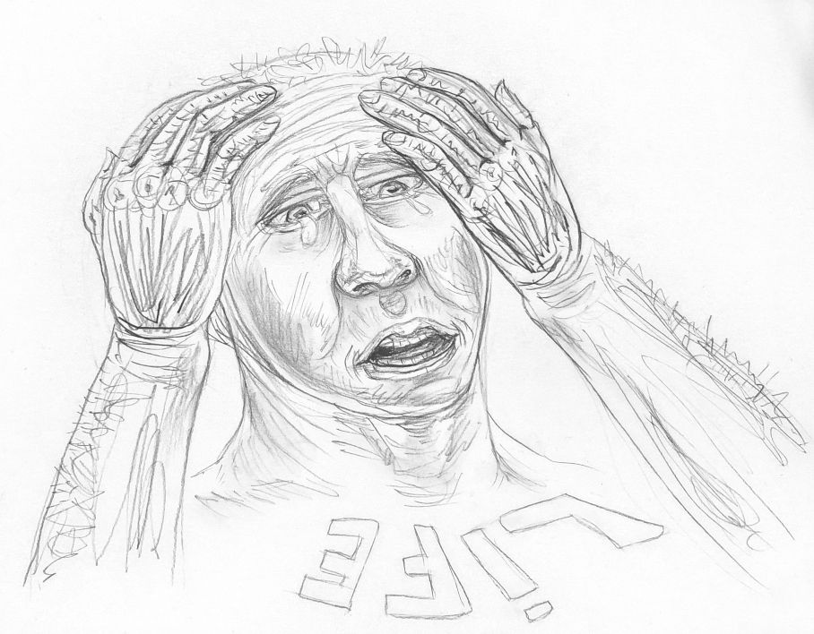 Distressed person with hands on head, tears, and