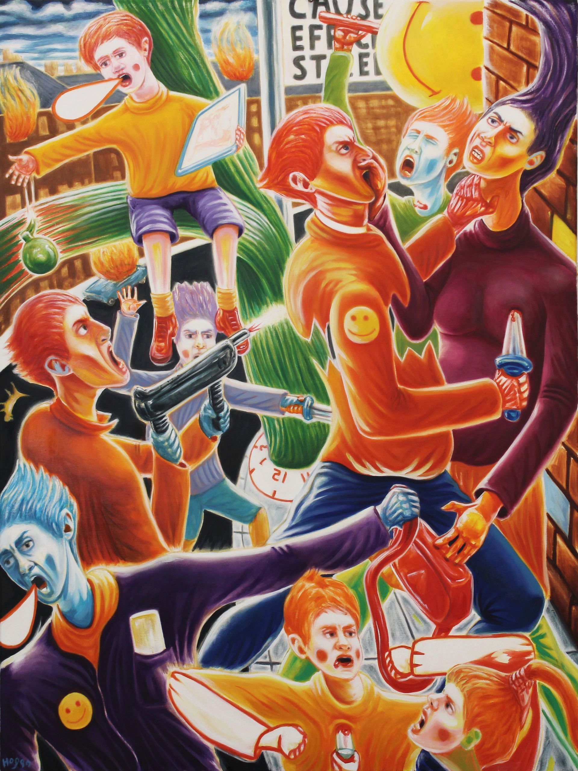 Chaotic scene: people yelling, pointing weapons, and pouring liquids; bright colors; urban setting.