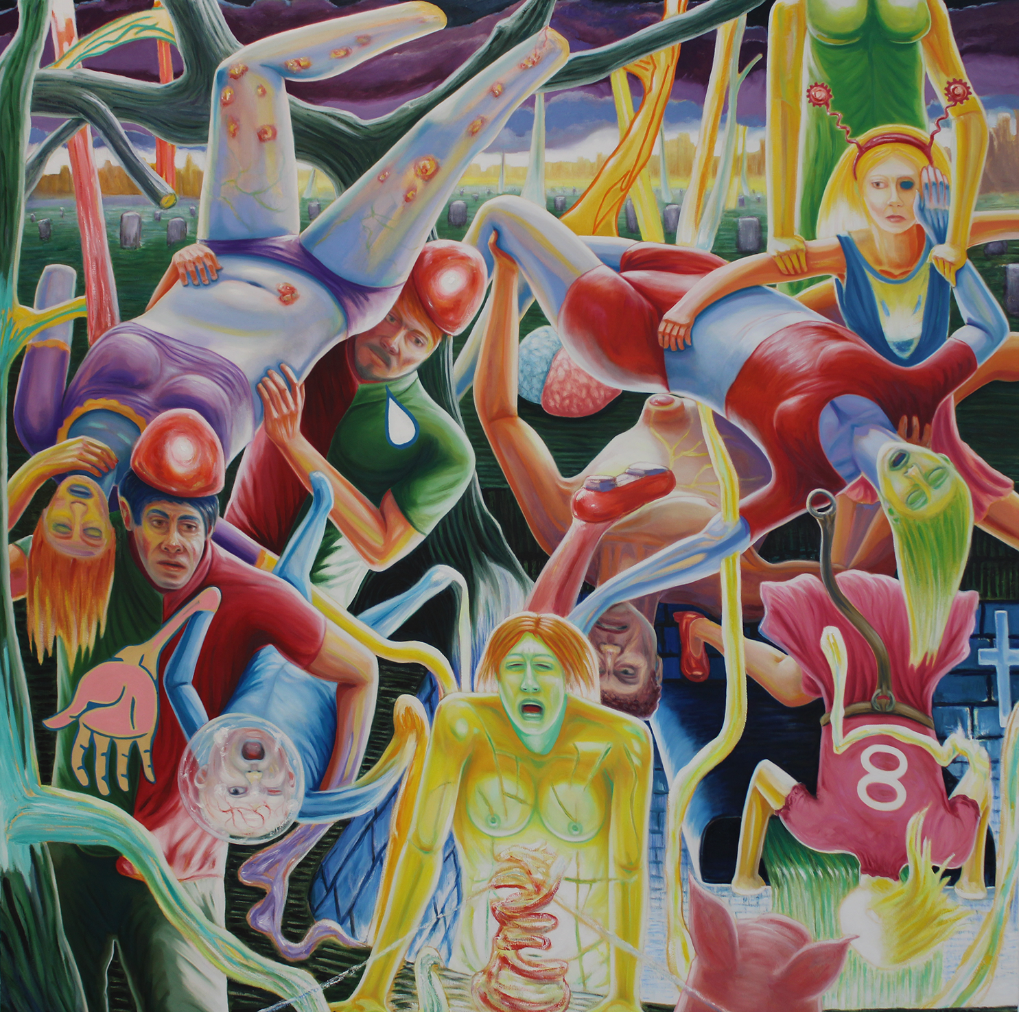 Colorful surrealist scene of figures upside down in a tangled forest; anguished expressions.
