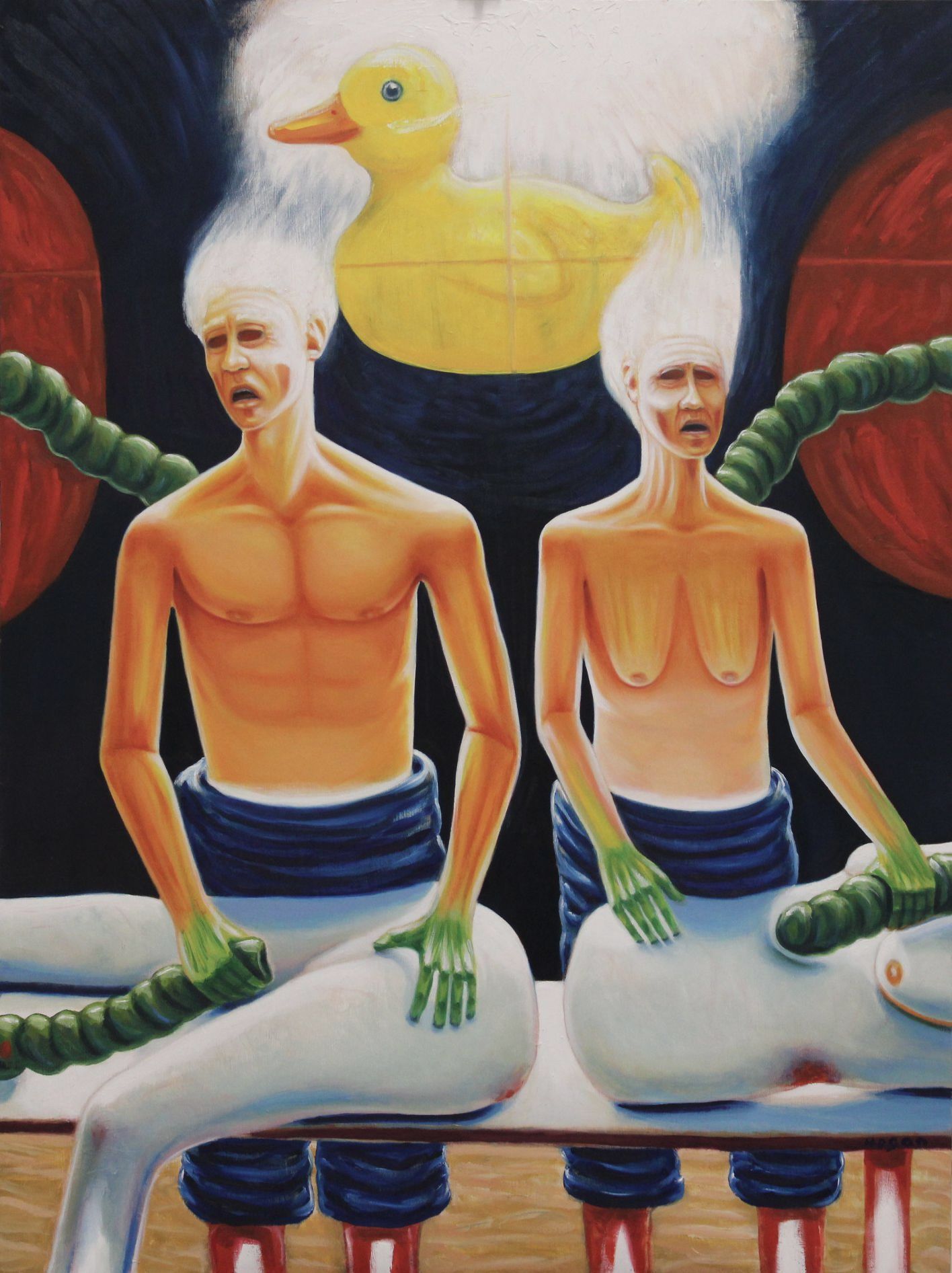 Two figures with green hands and floating white hair, connected to tubes, and a giant yellow rubber duck.