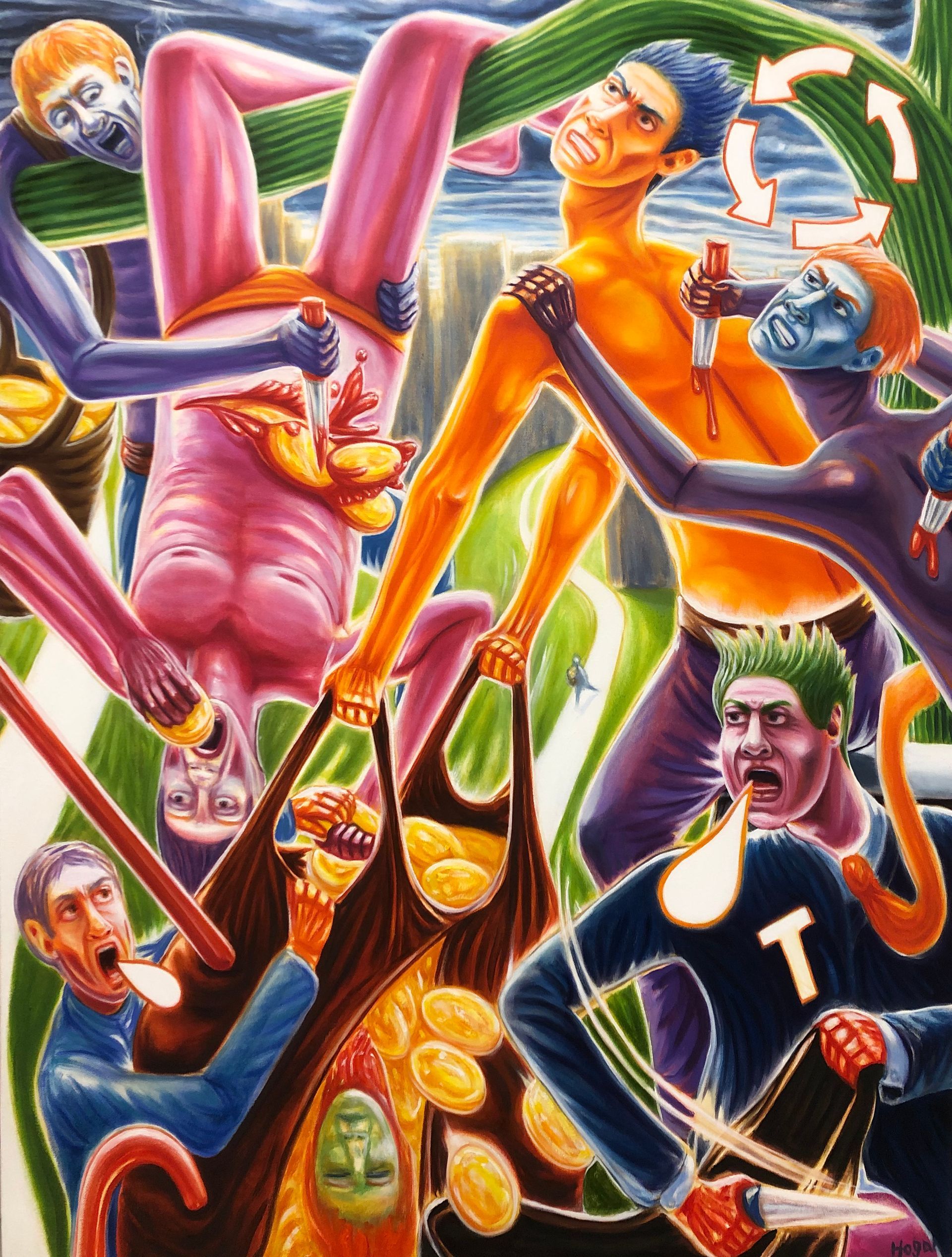 Surreal scene of colorful figures writhing in a strange landscape. Figures vomit, hold knives, and appear distressed.