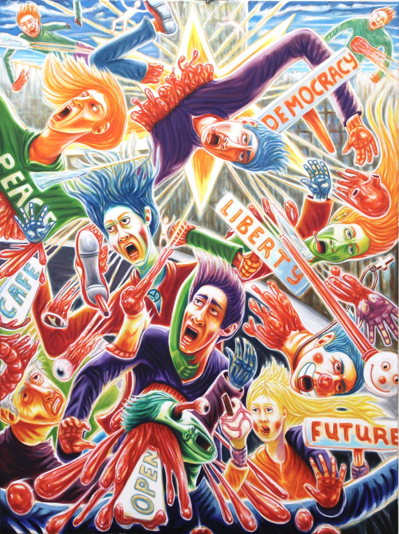 Chaotic scene of falling figures, screaming, reaching for words like 