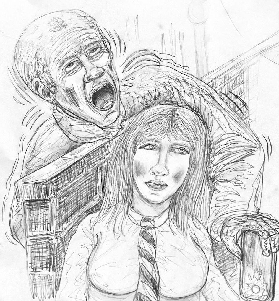 Man yelling behind woman. Woman in tie, holding phone, looks forward.
