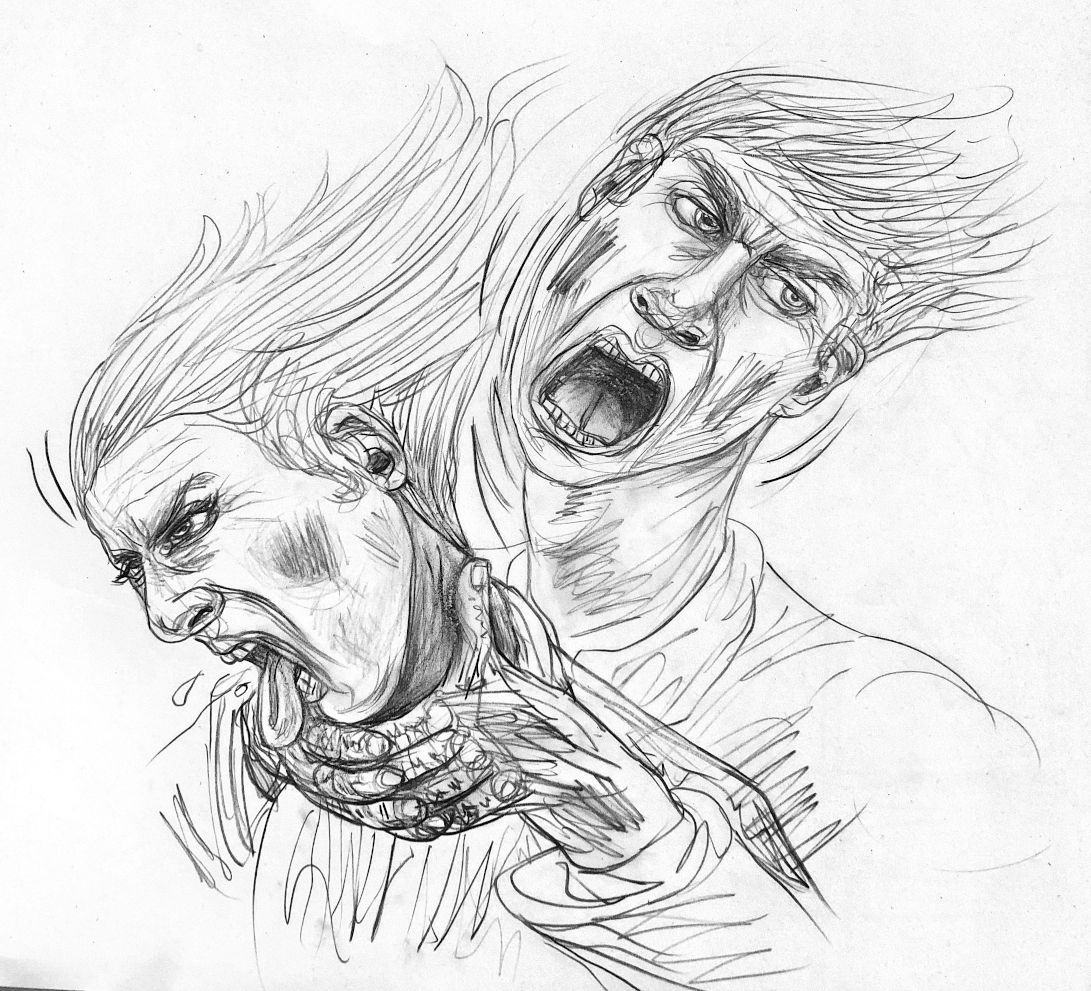 Figure choking another, both screaming in terror.