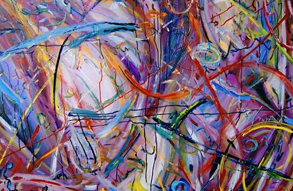 Abstract painting with colorful, swirling lines; blues, purples, oranges, yellows.