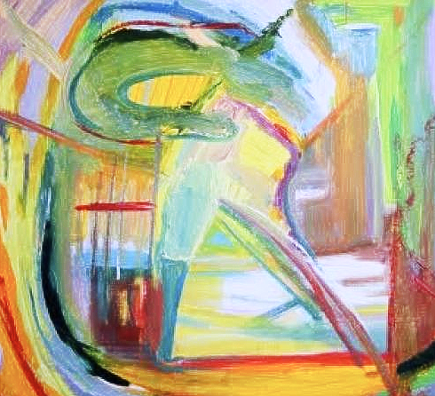 Abstract painting with green snake-like shape, red lines, and colorful brushstrokes on a white background.