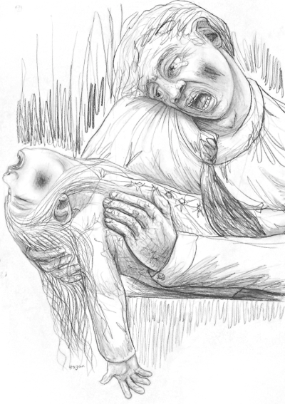 Man cradles unconscious person, possibly child; distraught expression.