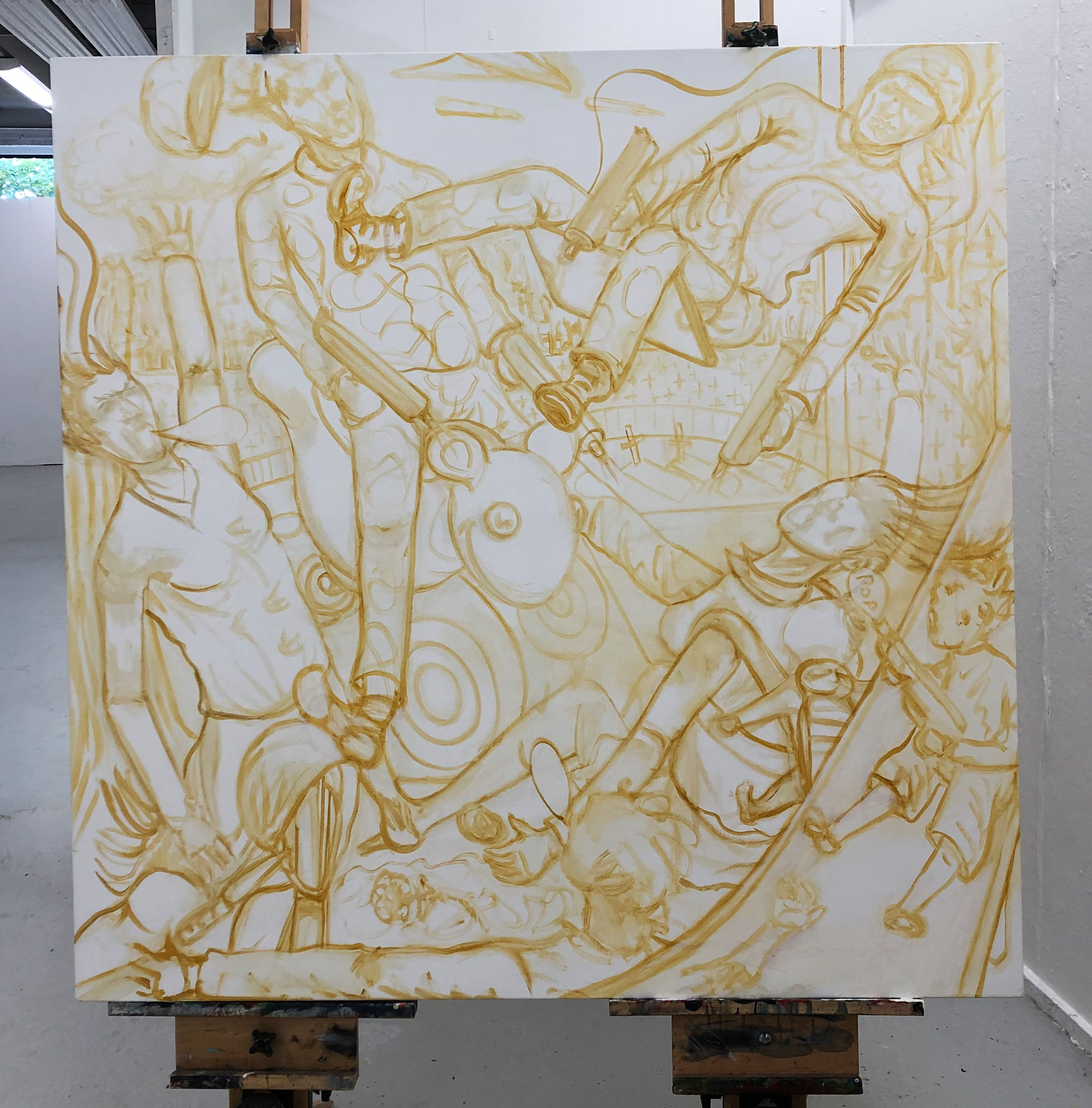 Sketch of figures interacting in a chaotic scene; some hold objects; lines in brown on a white canvas.