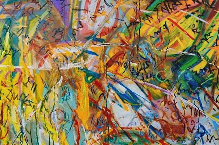 Abstract colorful painting with layered brushstrokes in yellow, blue, orange, green, and red