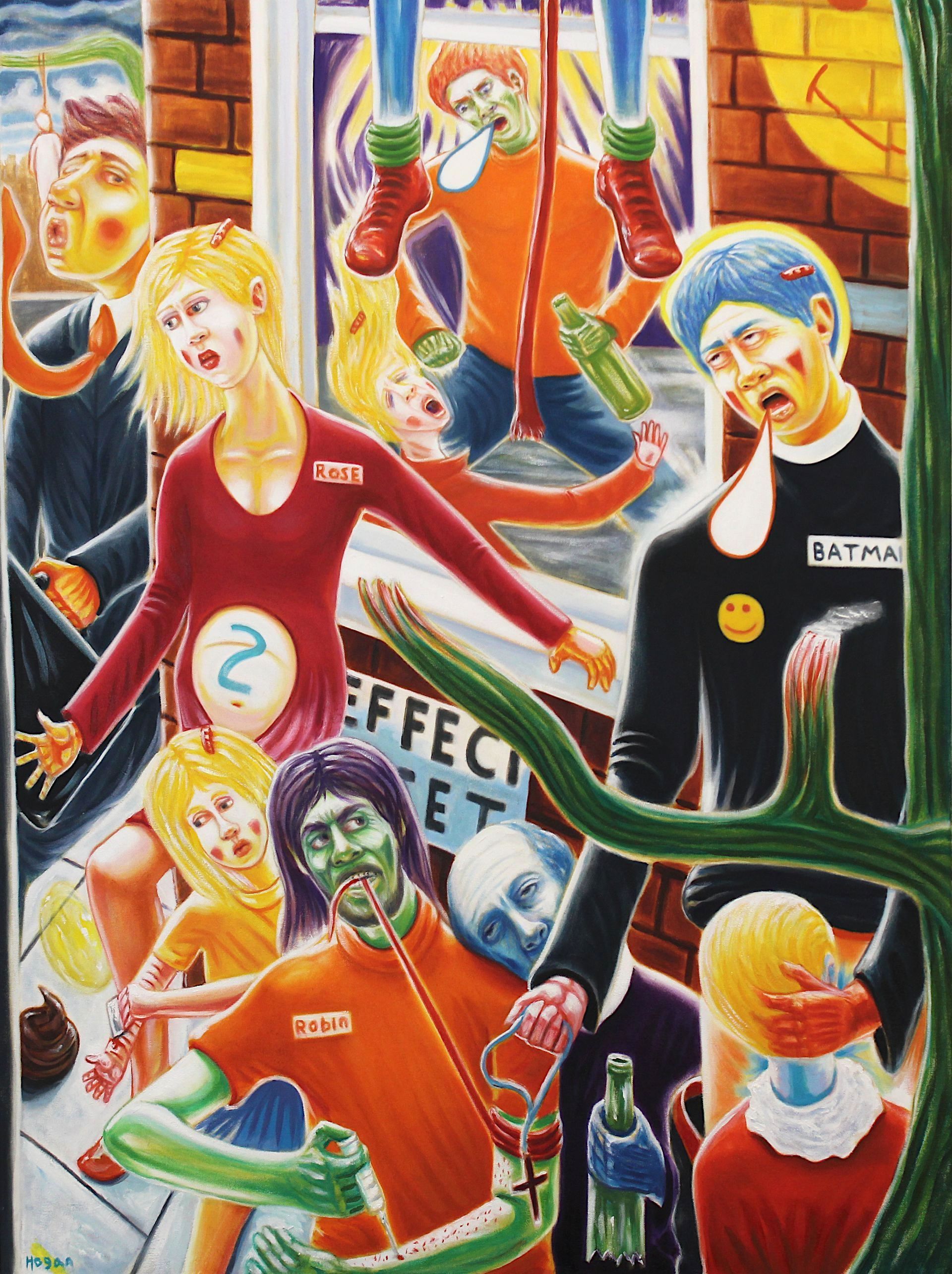 Cartoonish figures, some green-skinned, engaged in chaotic activity. People drink, hang, and have confused expressions. Brick wall background.
