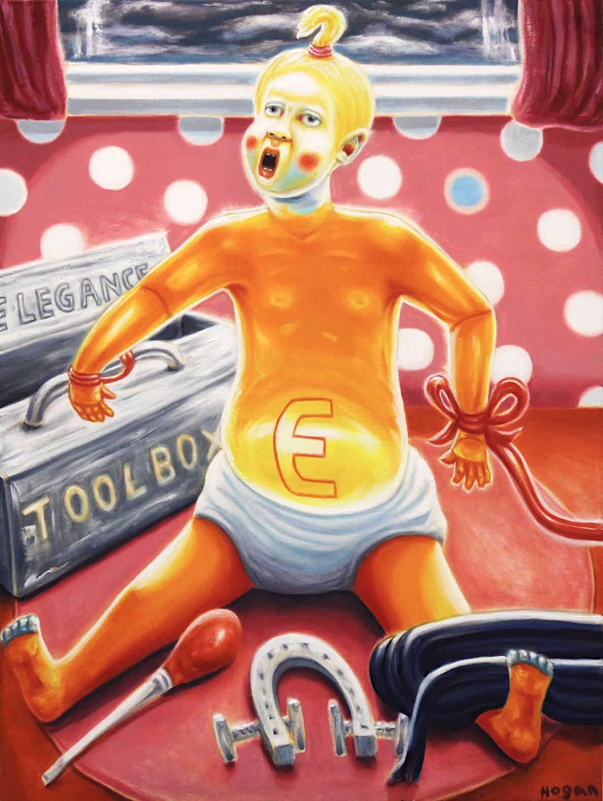 Orange figure in diaper, hands tied, open mouth, 