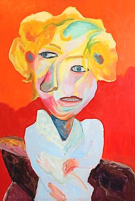 Abstract portrait with a person in a white collared shirt, against a red backdrop. Face has two eyes, and blond hair.