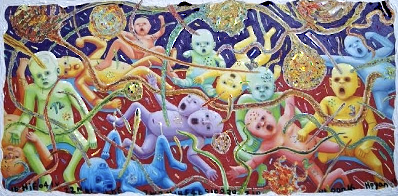 Colorful painting of floating babies connected by glowing strands, set against a dark background.