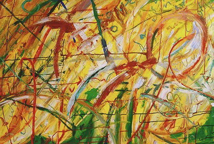 Abstract painting with yellow background and red, green, and white brushstrokes.