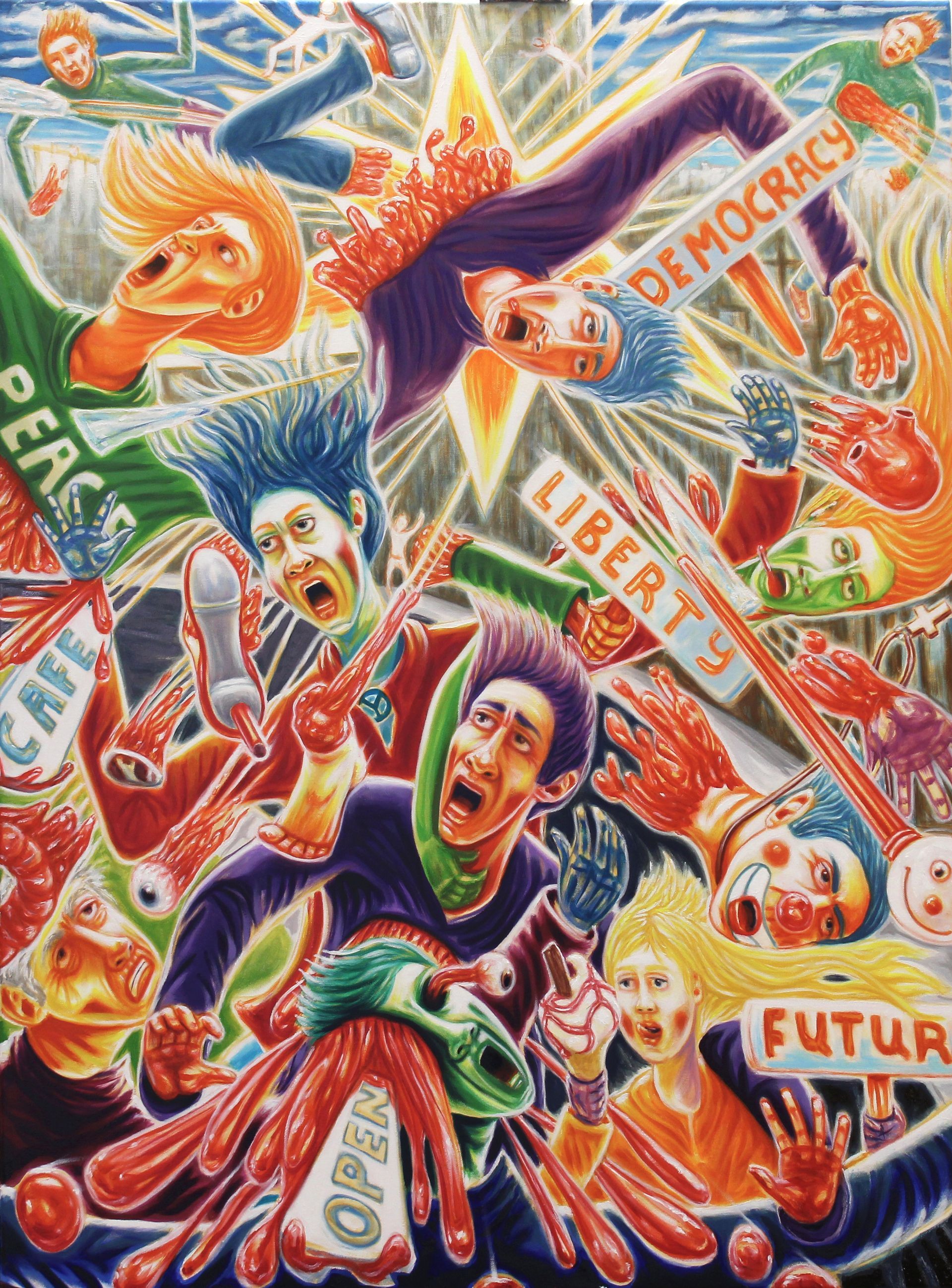 Colorful, chaotic scene with figures yelling and reaching, banners reading 