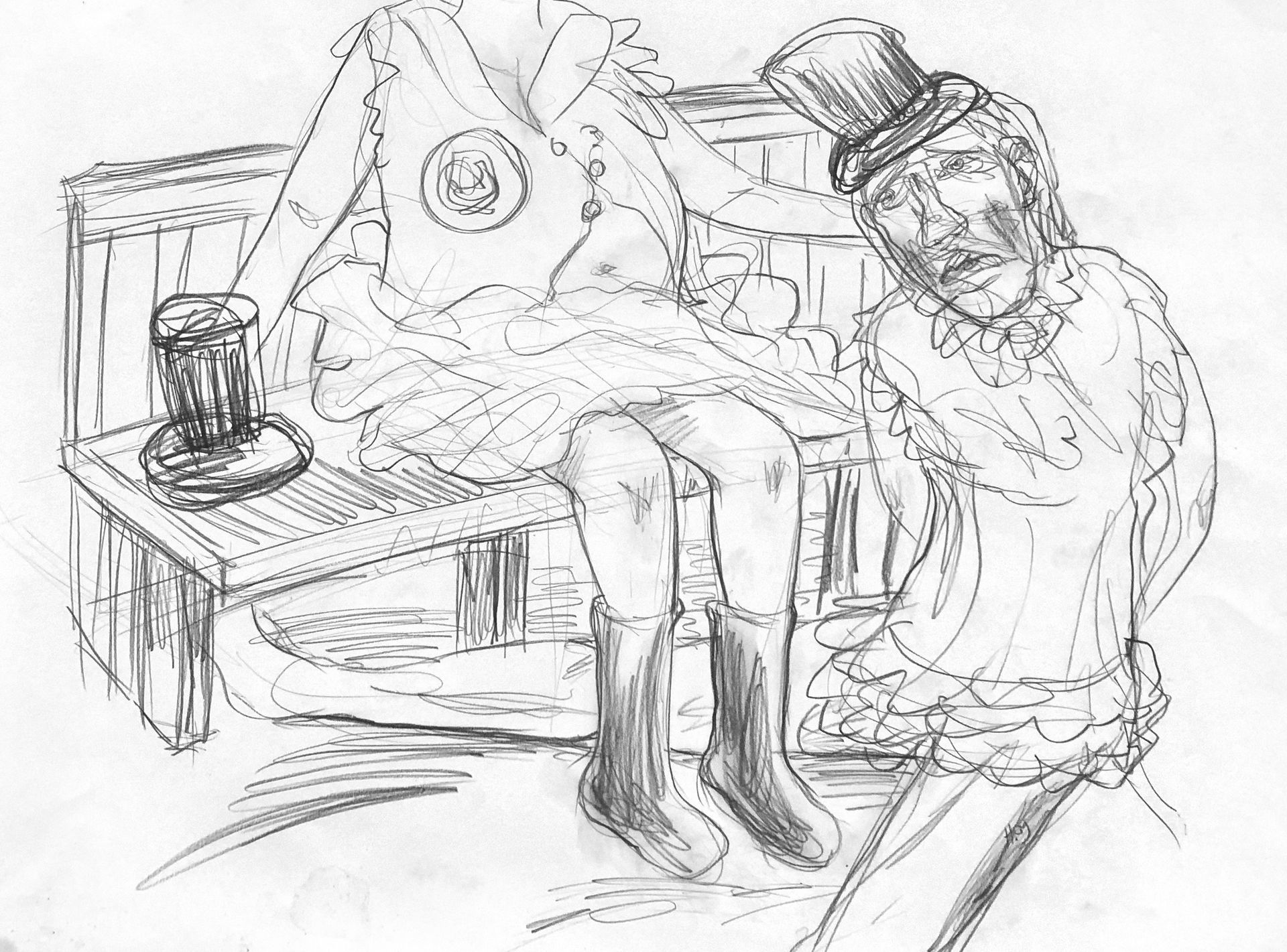 Sketch of a person in a top hat seemingly embracing a headless figure seated at a table with a drink.