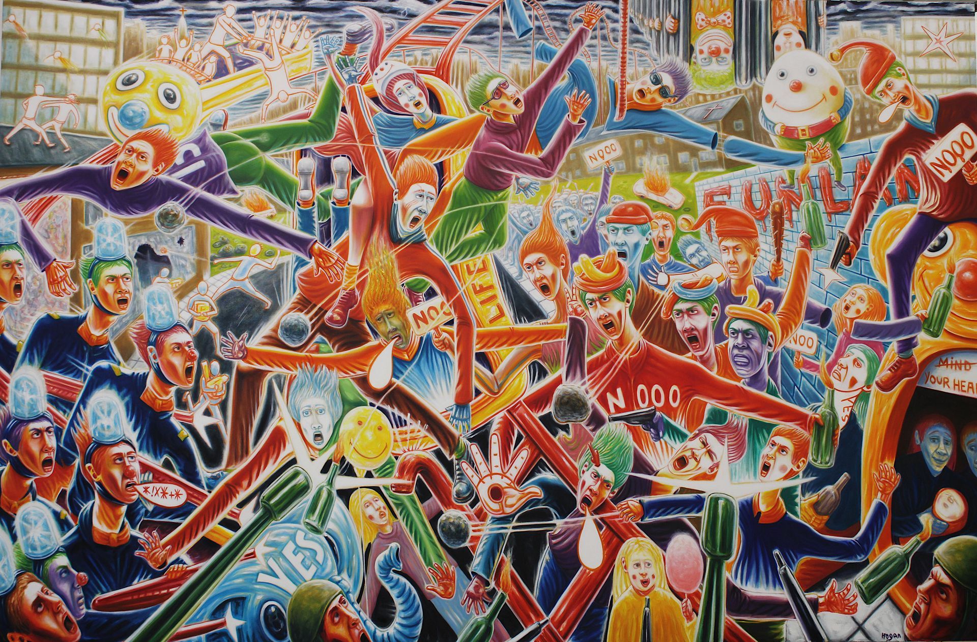 Chaotic crowd scene. People reaching, painted in vibrant colors, in an indoor space.
