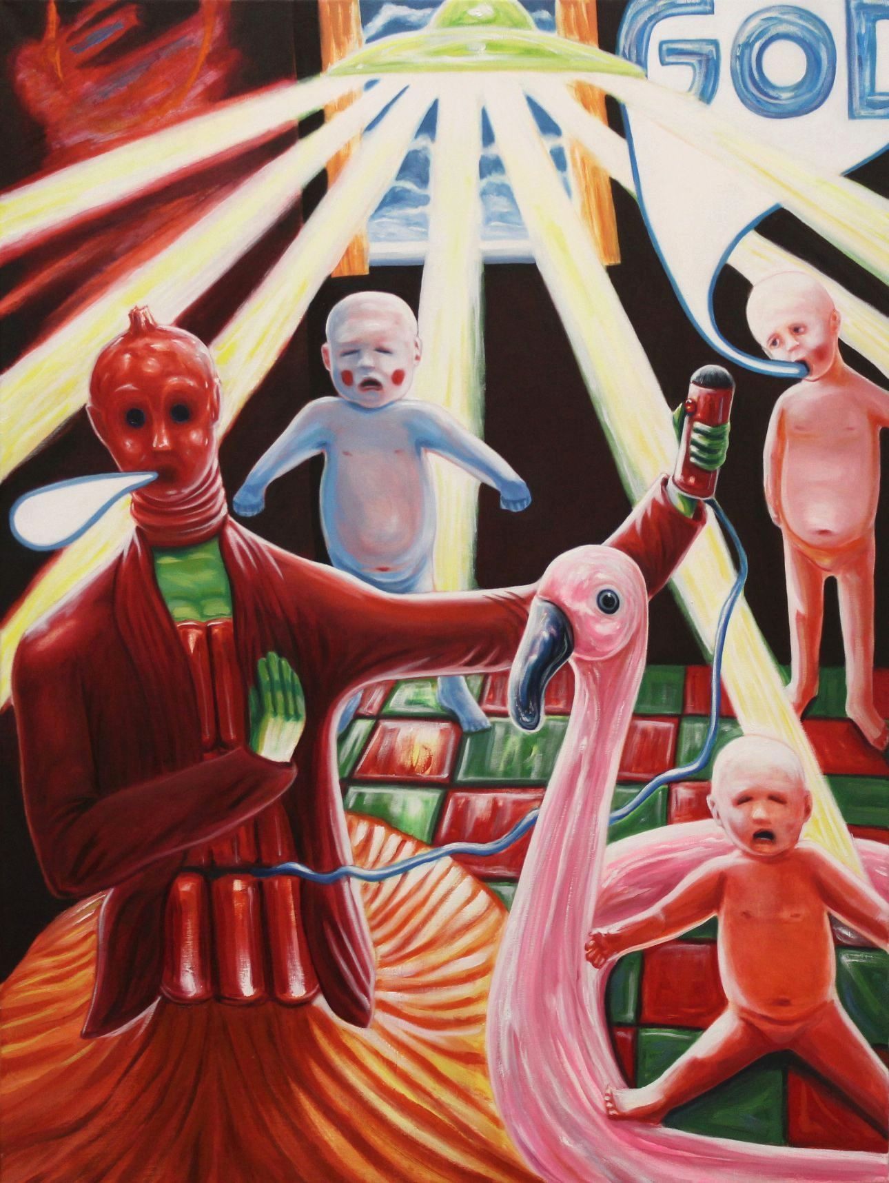 Surreal painting: Red figure with flamingo, babies, and UFO. Beams of light, 
