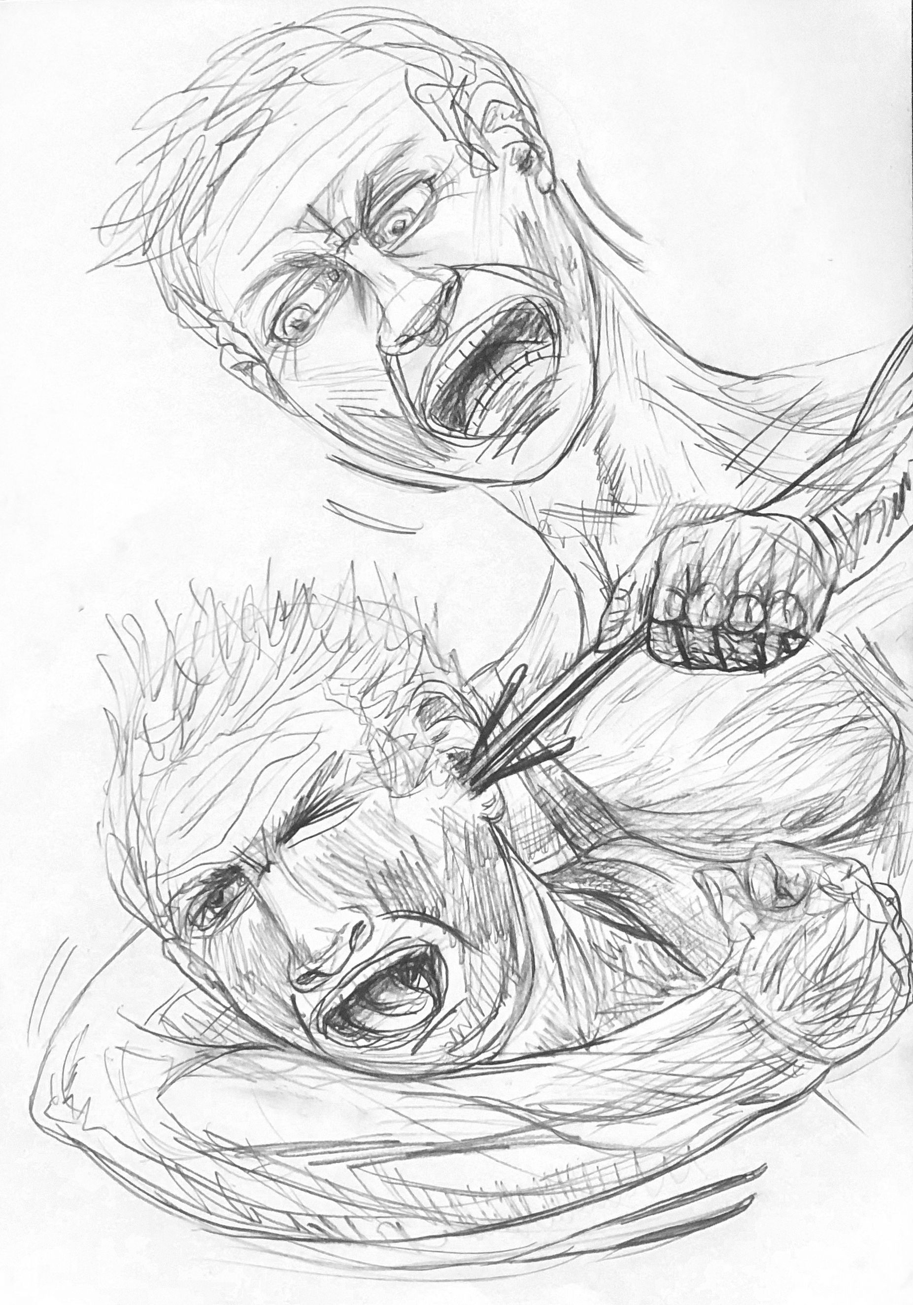 A person is attacking another with a sharp object. Both faces show expressions of anger and pain.