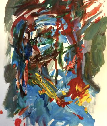 Abstract painting with blue, red, green, and yellow brushstrokes on a white background.