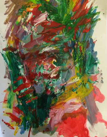Abstract colorful painting with red, green, pink, and yellow brushstrokes on a light background