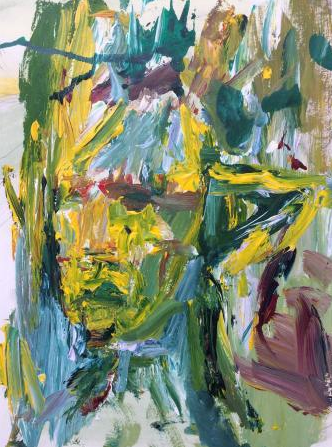 Abstract colorful painting with a green-yellow face and bold brushstrokes on a blue background