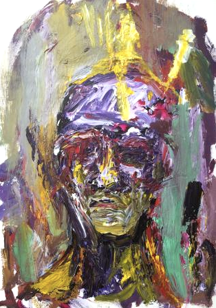 Abstract portrait with thick brushstrokes; purple, yellow, and green colors. A head with a crown.