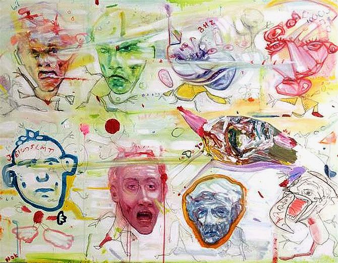 Colorful painting of eight distorted human faces with various expressions. Red, green, and blue hues.