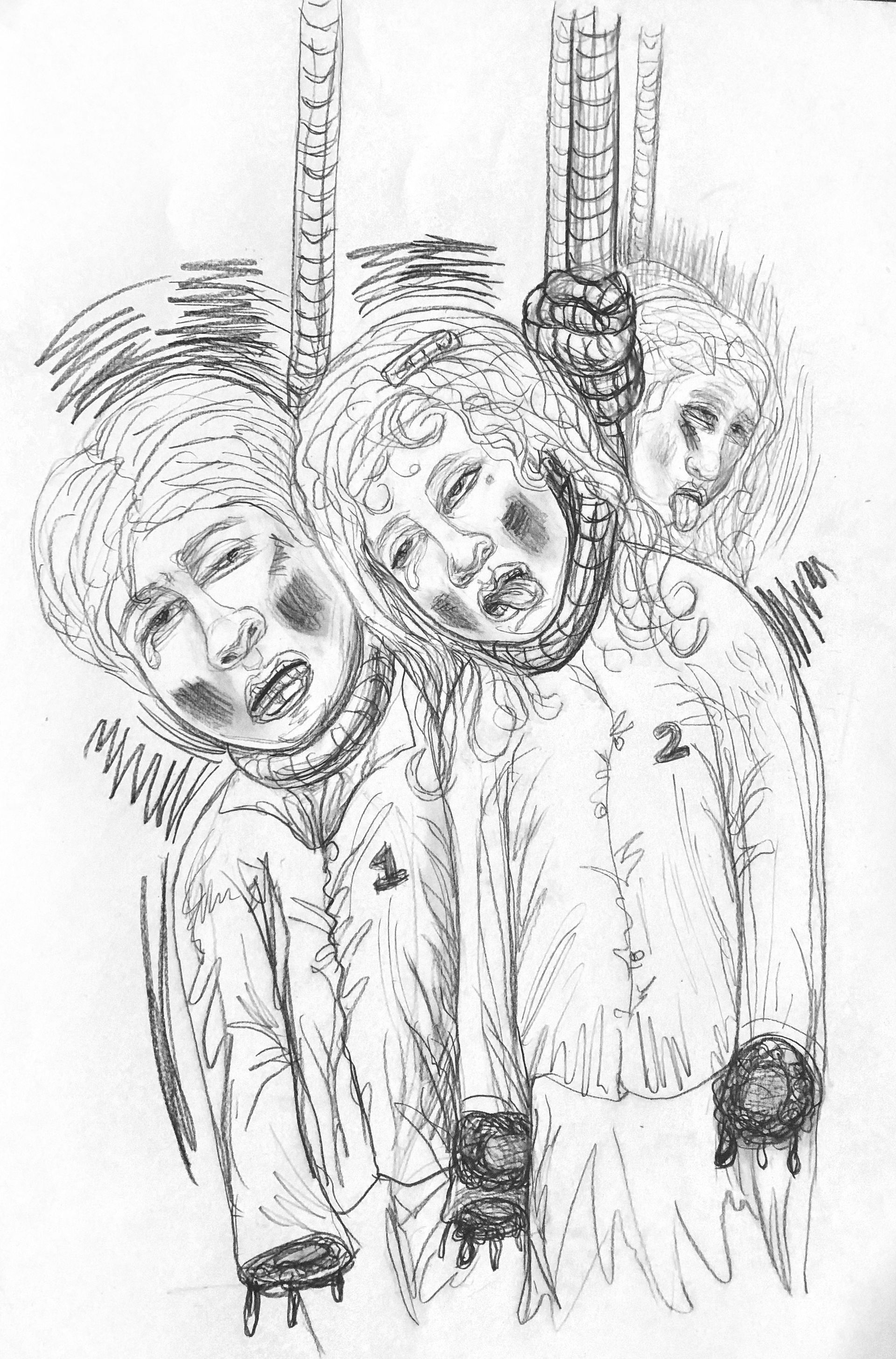 Three figures with pale faces and staring eyes, wearing white garments, possibly ghosts, near brick structures.