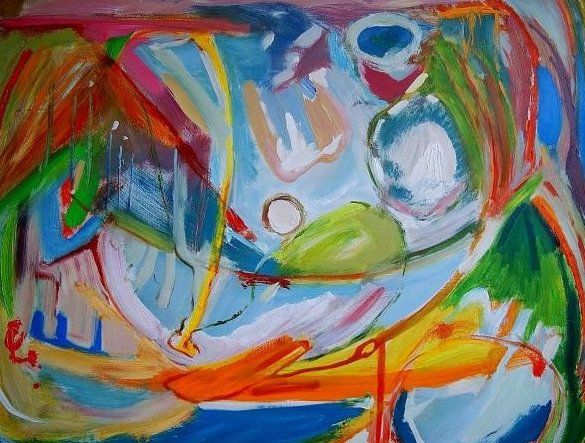 Abstract colorful painting with bold red, blue, green, and orange brushstrokes on a white background