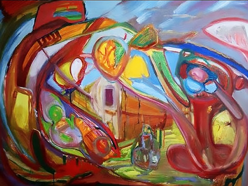 Abstract colorful painting with red and blue swirls, a central bright figure, and a bottle on a table