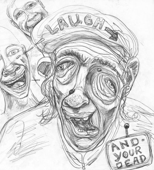 Distorted portrait with wide smile, hat that says