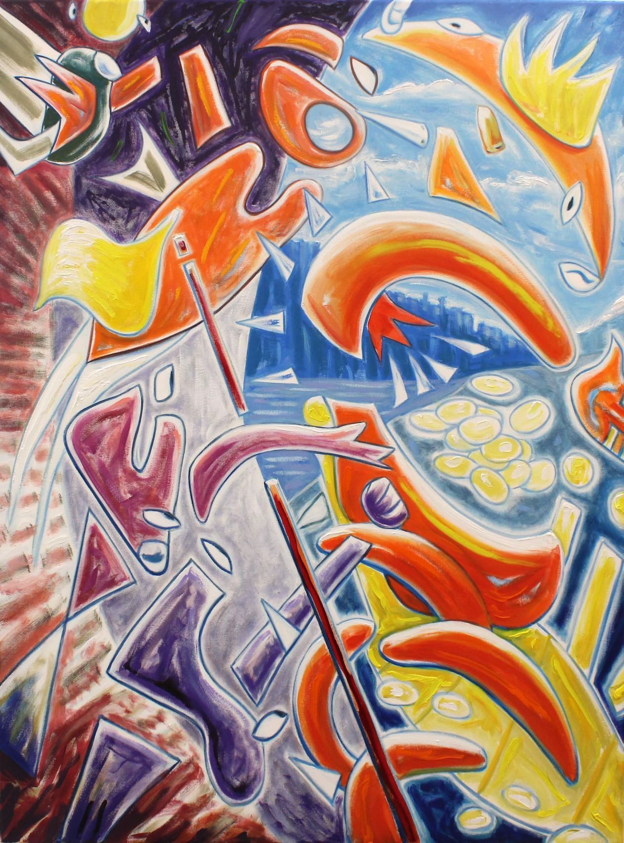 Abstract colorful painting with swirling orange, blue, purple, and yellow shapes on a textured background