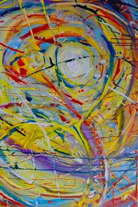 Abstract colorful painting with swirling yellow, blue, red, and purple brushstrokes around a pale face-like center