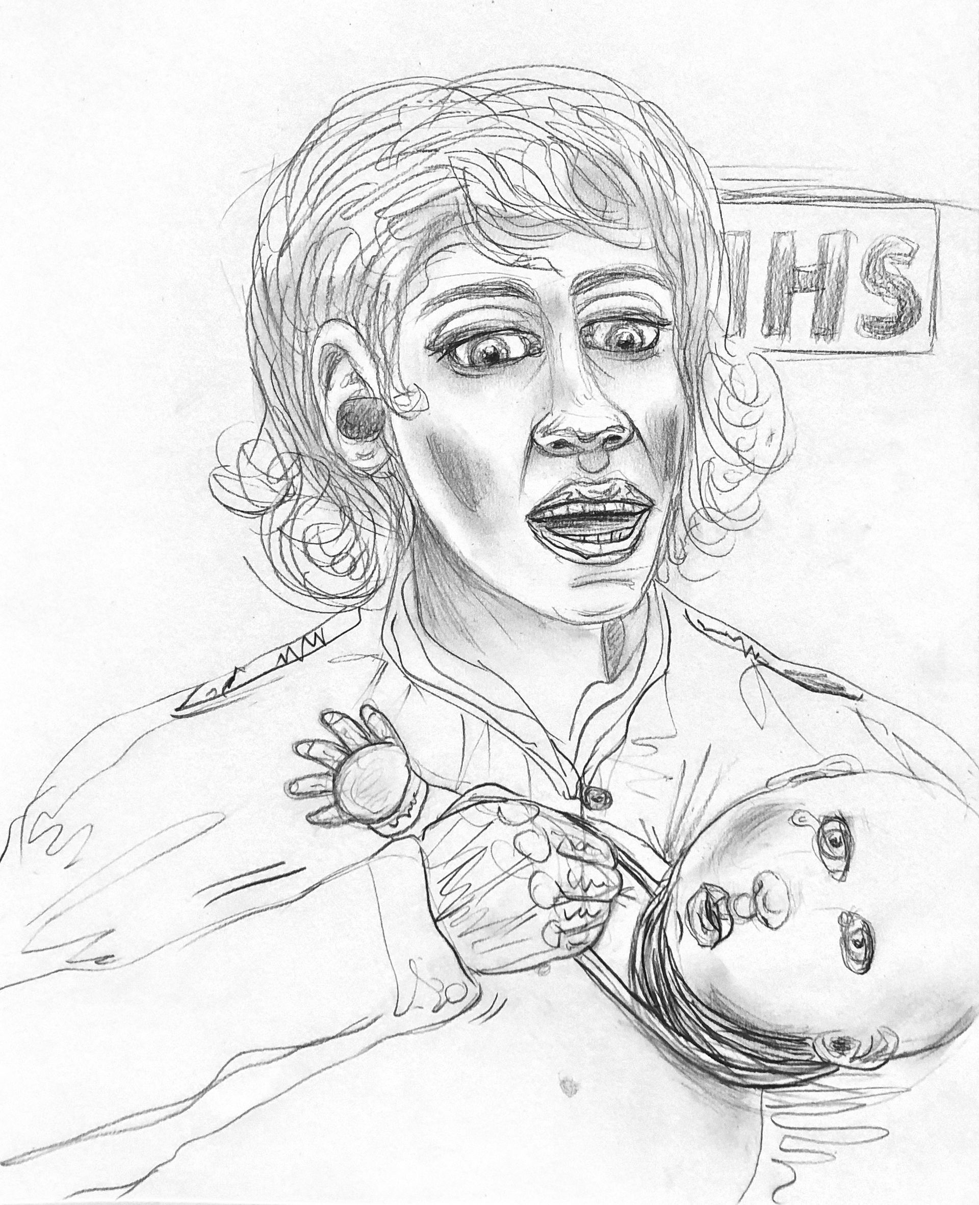 Woman in white shirt, holding a baby, with a shocked expression, near a sign that reads