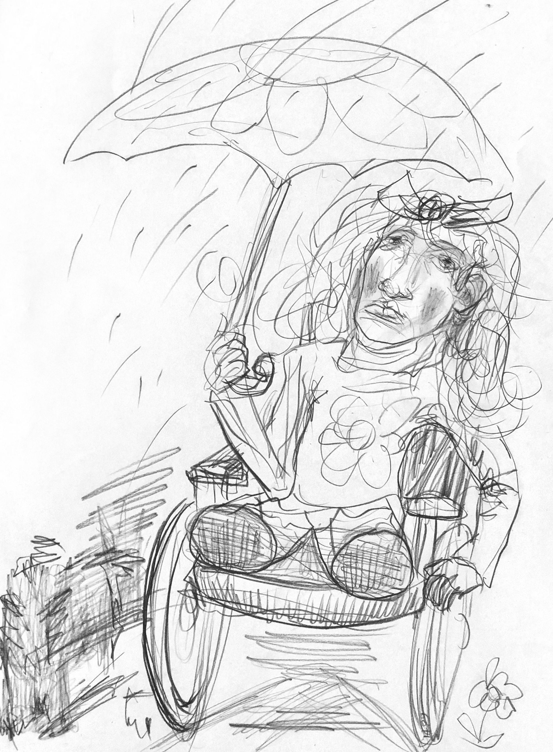 Person in wheelchair under an umbrella in the rain.