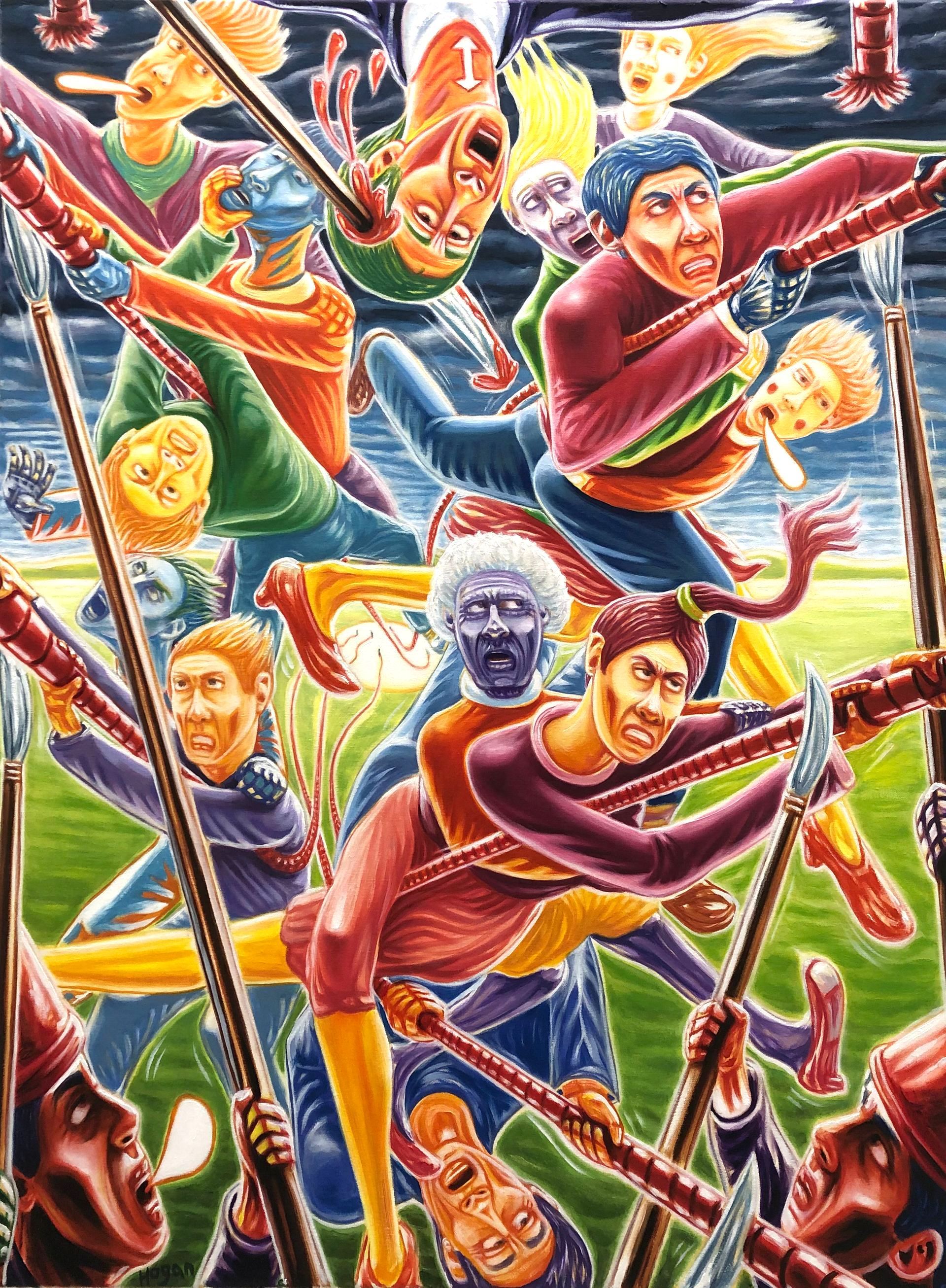 Figures in bright colors lunging with spears, chaotic battle scene with frantic expressions, outdoor setting.