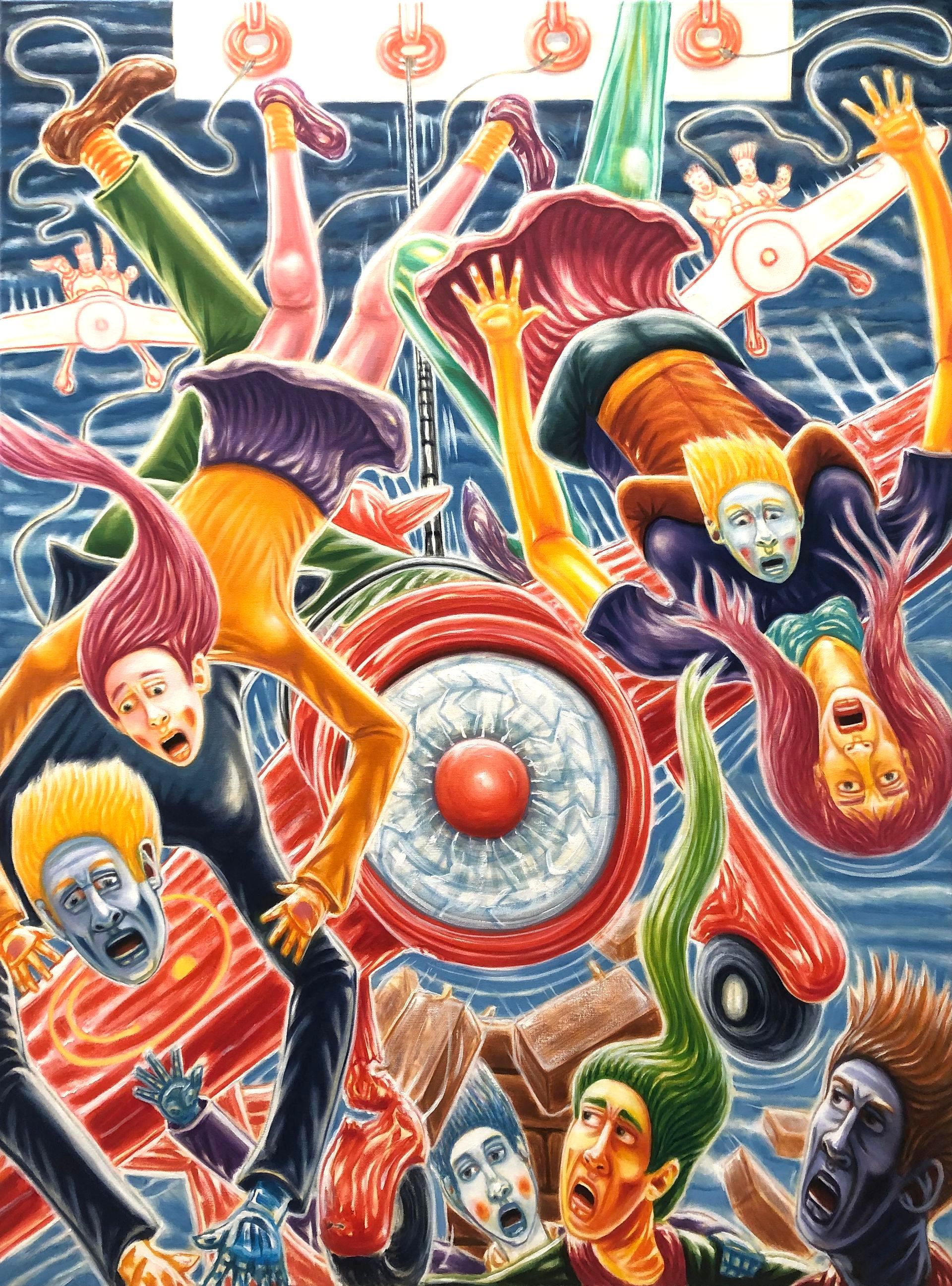 People tumbling in a chaotic, colorful scene with a large red eye-like object.