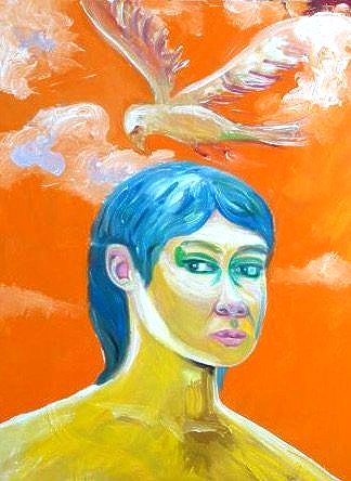 Person with blue hair, yellow skin, and a bird in flight against an orange sky.
