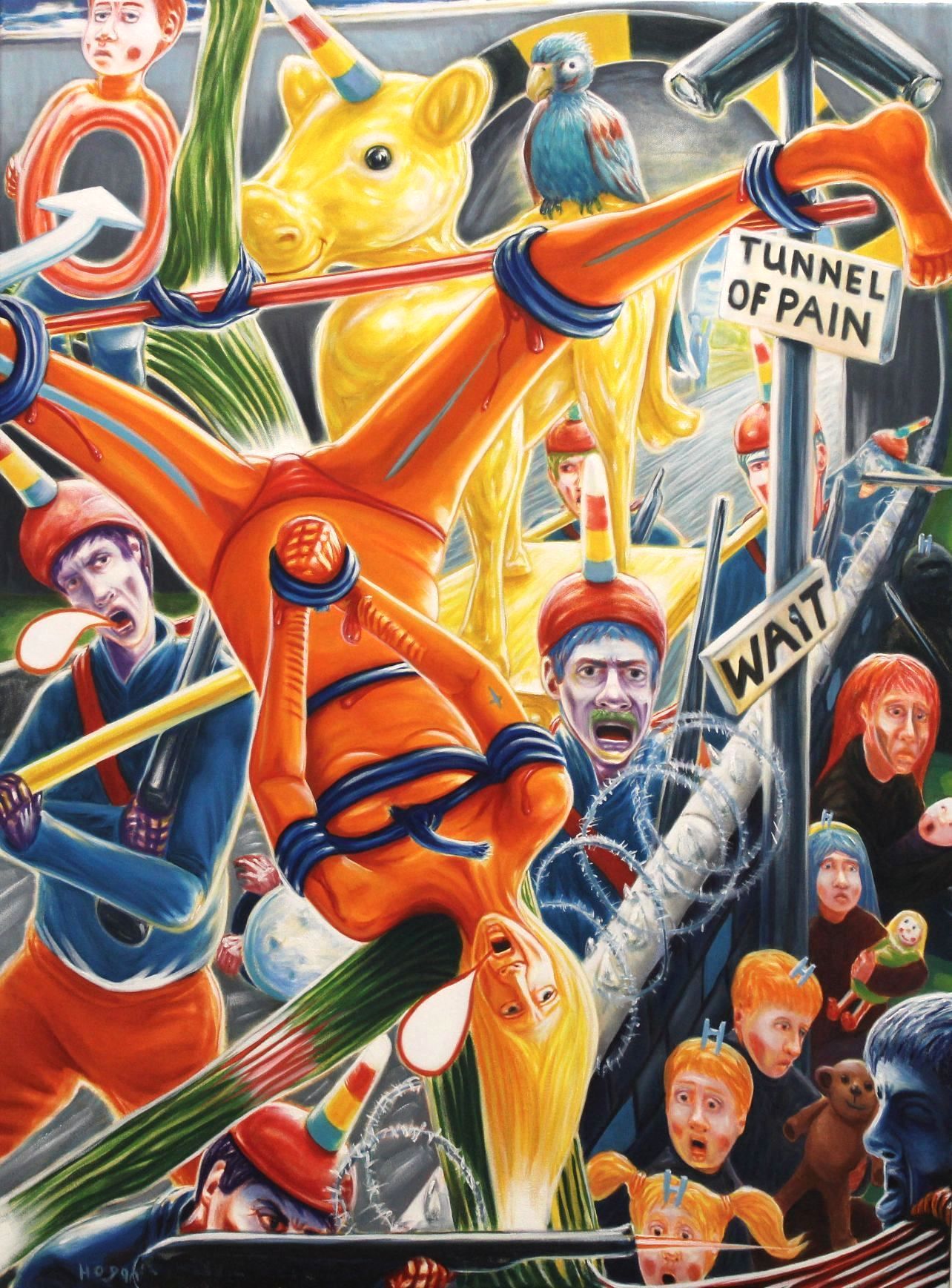 A person in orange suit upside down, surrounded by figures with grimaces, a unicorn, and a sign that reads 