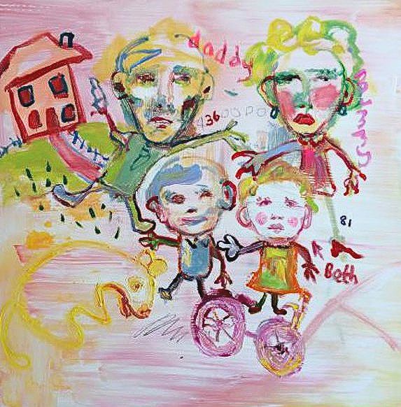 Whimsical family portrait: adults, children, and a house. Pink and yellow tones. The children ride a tricycle.