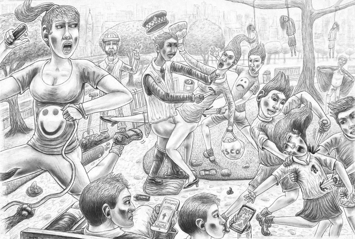 Dense pencil sketch of a crowded outdoor scene with dancing figures, musicians, and animals in a lively street gathering