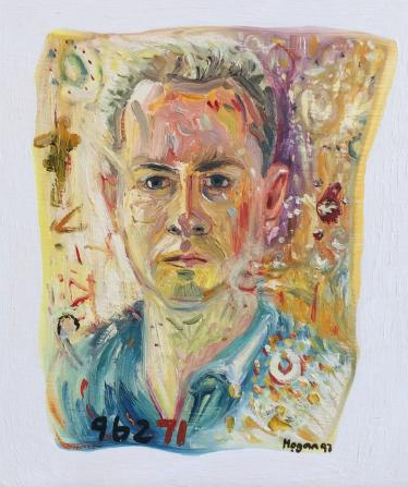 Expressionist portrait painting of a man in a blue shirt on a warm, abstract background