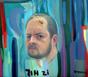 Stylized portrait of a bald man with a serious expression against a blue abstract background