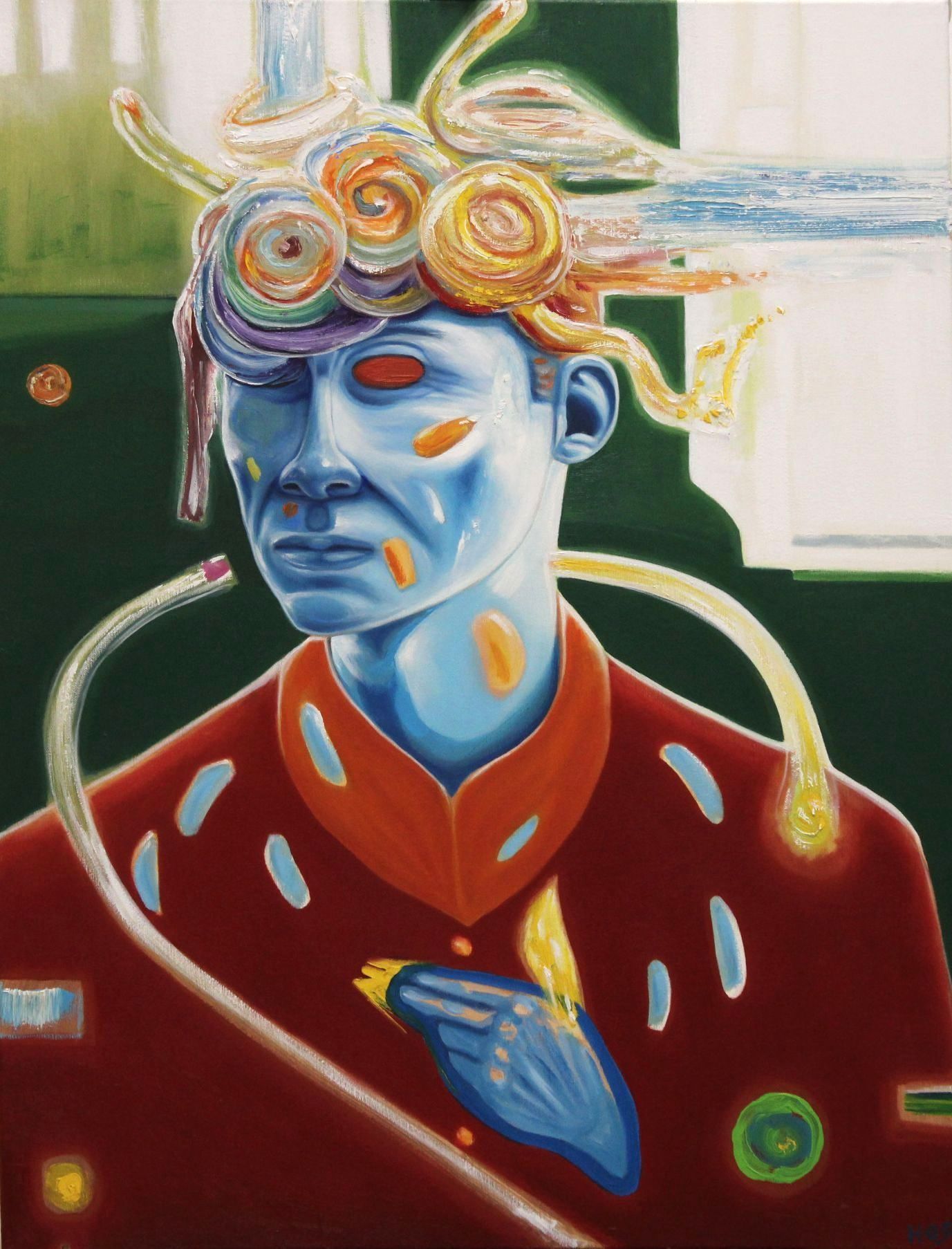 Blue-skinned person with colorful brain coils, red suit, and white tube. Green background, serious expression.