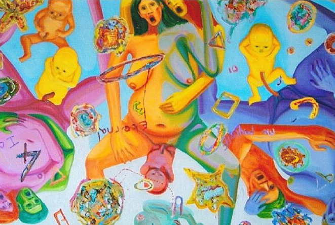 Colorful abstract artwork of a pregnant figure with surrounding floating forms and figures.